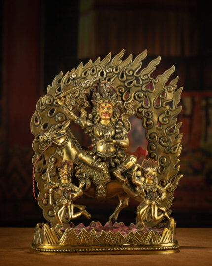 Golden Mahakala Goddess with Sacred Horse Statue for Protection & Strength