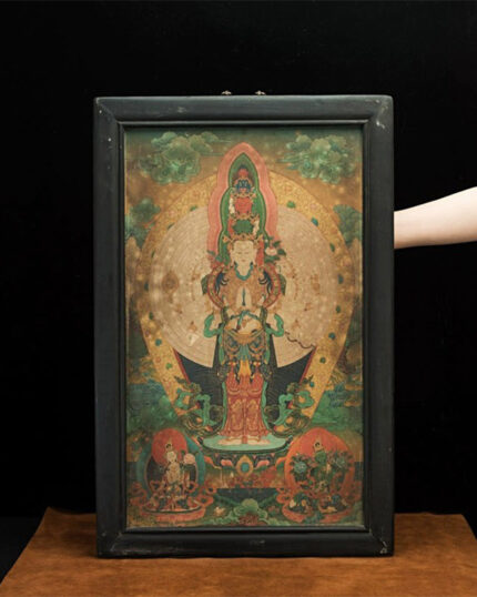 19th Century Ekādaśamukha Old Tibetan Antique Thangka Exquisitely Painted In Mineral Colors