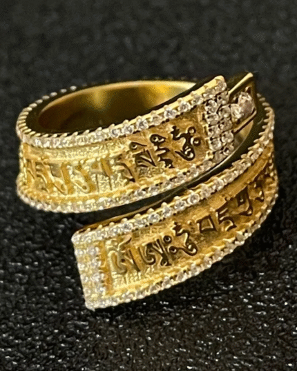 Vajra Guru Mantra Scroll Ring: Silver with 24K Gold Plated & Zirconia Inlaid