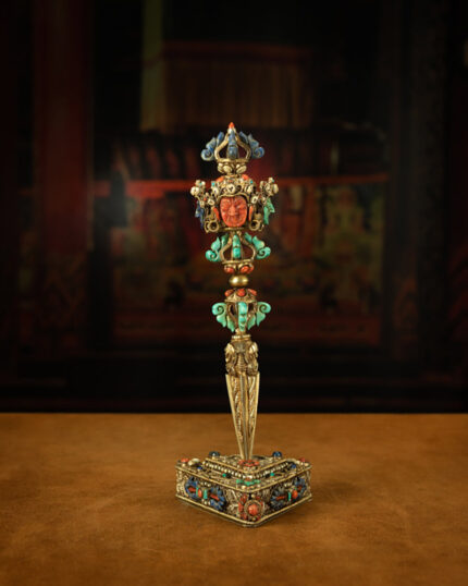 Extremely Rare Tibetan Top Five-Sided Puba Vajra with Coral. Turquoise. Lapis Lazuli. and Giant Clam