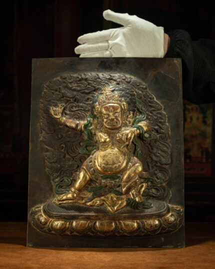 Wrathful Guardian – 19th Century Gilt Copper Vajrapani Repoussé Wall Thangka