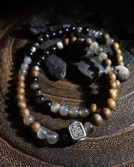Fortune Blessings Zakirum Black Onyx & Agarwood Gray Moonstone Bracelet - Spiritual Guardian Unisex Couple Bracelet