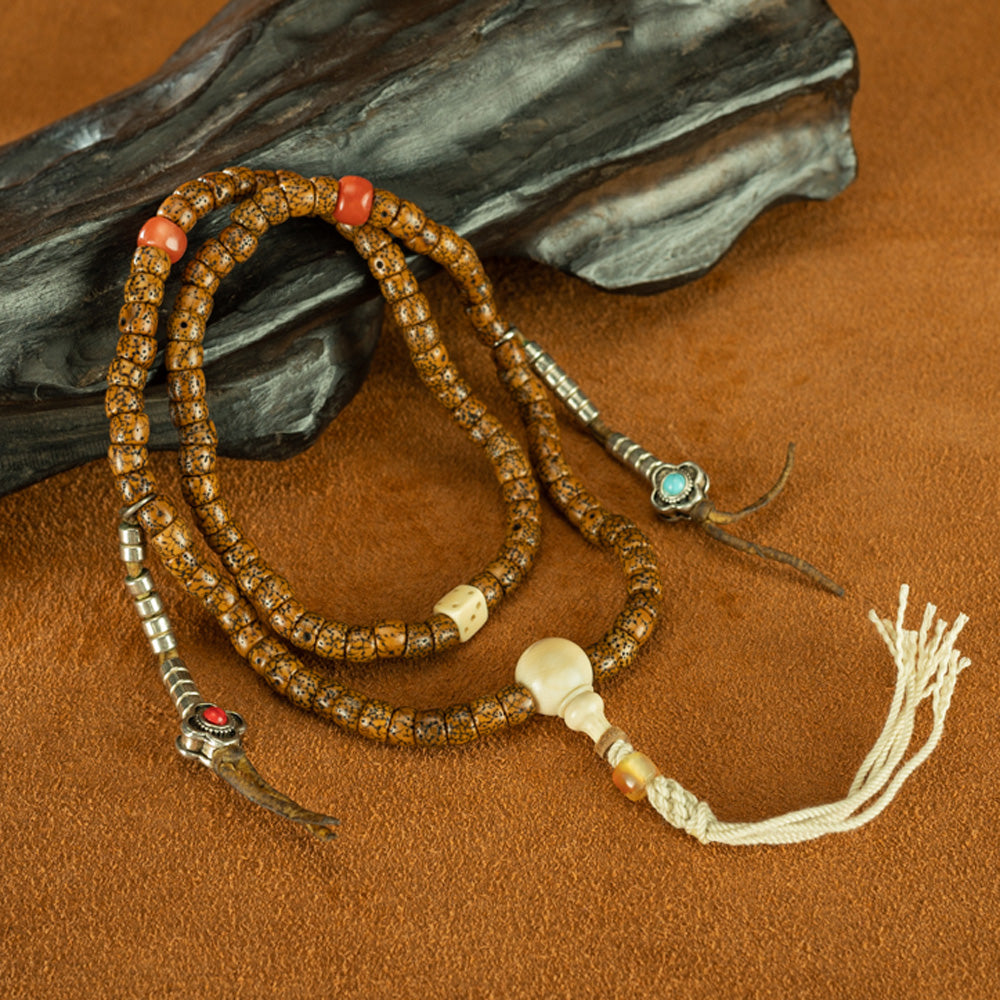 KB8202001_1.jpg 108 Beads Vintage Tibetan Bodhi Seed Bracelet with Turquoise & Silver Accents - Image 1