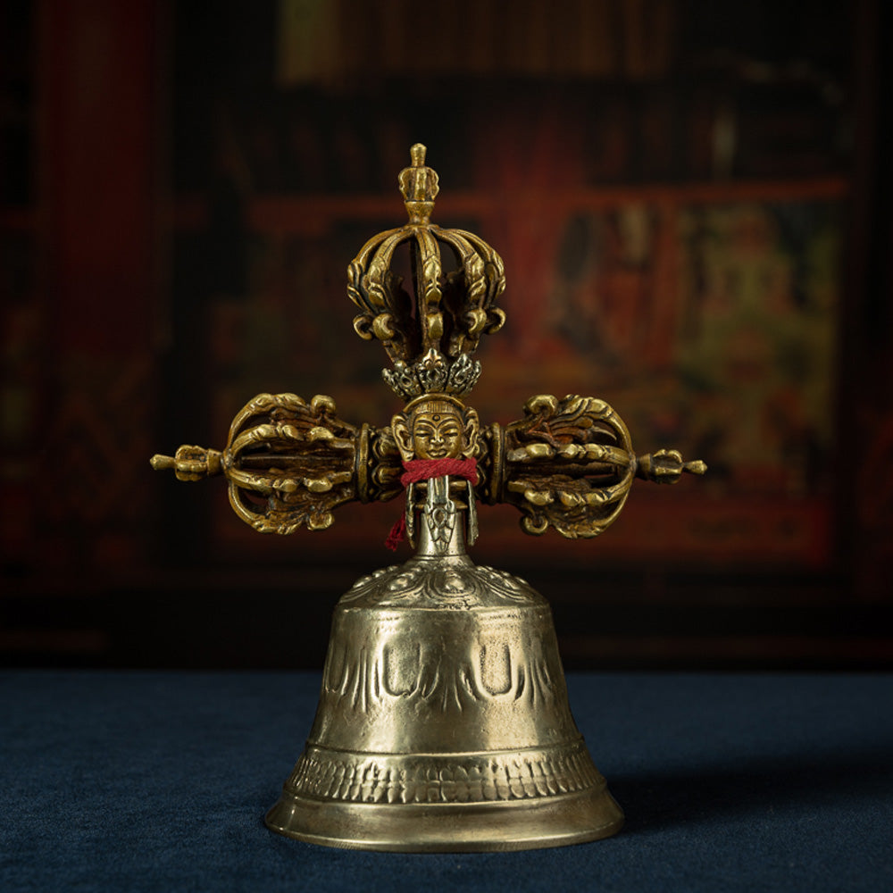 KJ8600101_1.jpg 19th Century Tibetan Ritual Bell and Vajra - Copper 9-Prong Thunderbolt Protection Bell - Image 1