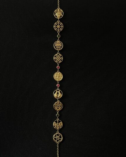 Eight Auspicious Signs & Oṃ Charm Bracelet: Colorful Zirconia with 24K Gold Plated over Sterling Silver. Adjustable